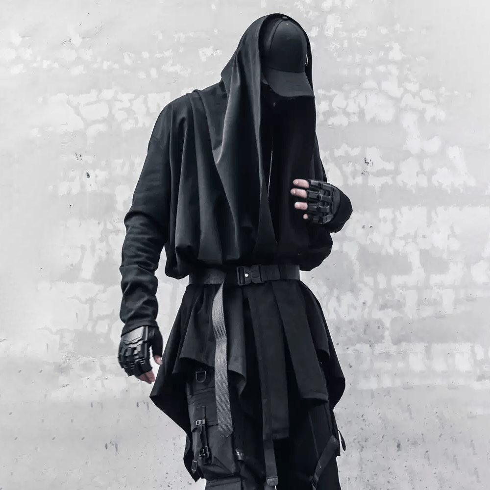 Kobine Men's Techwear Open Front Draped Patchwork Irregular Hem Coat with Belt