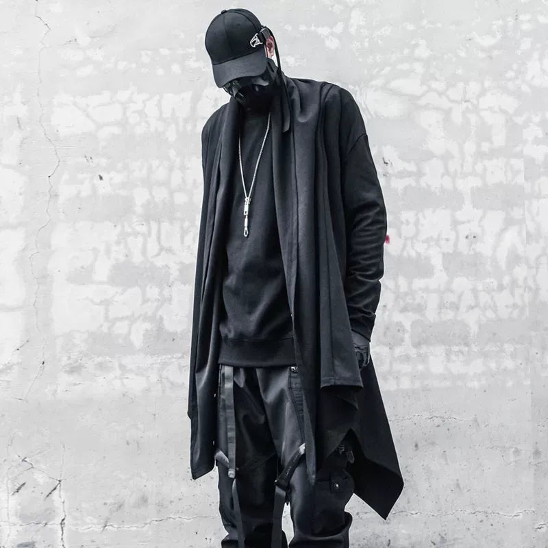 Kobine Men's Techwear Open Front Draped Patchwork Irregular Hem Coat with Belt