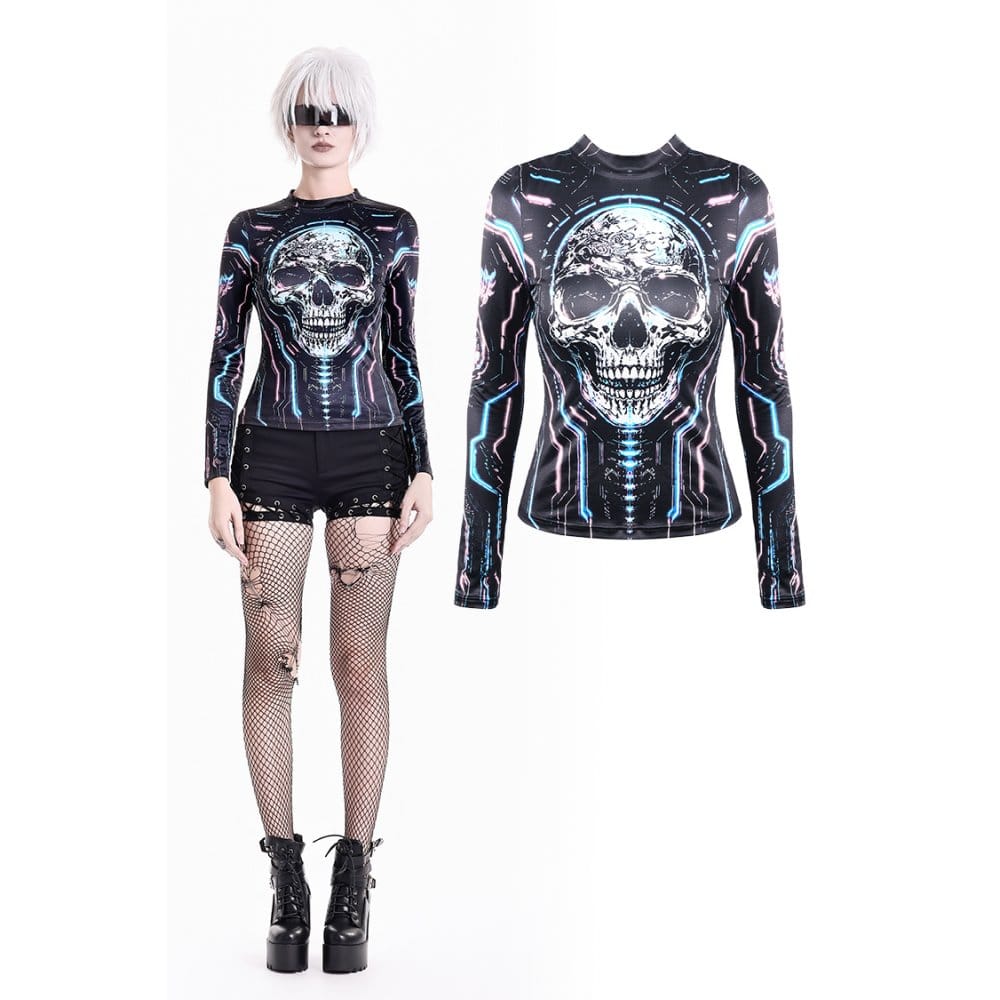 Darkinlove Women's Cyberpunk Neon Circuit Skull Print Mock Neck Long Sleeve Top