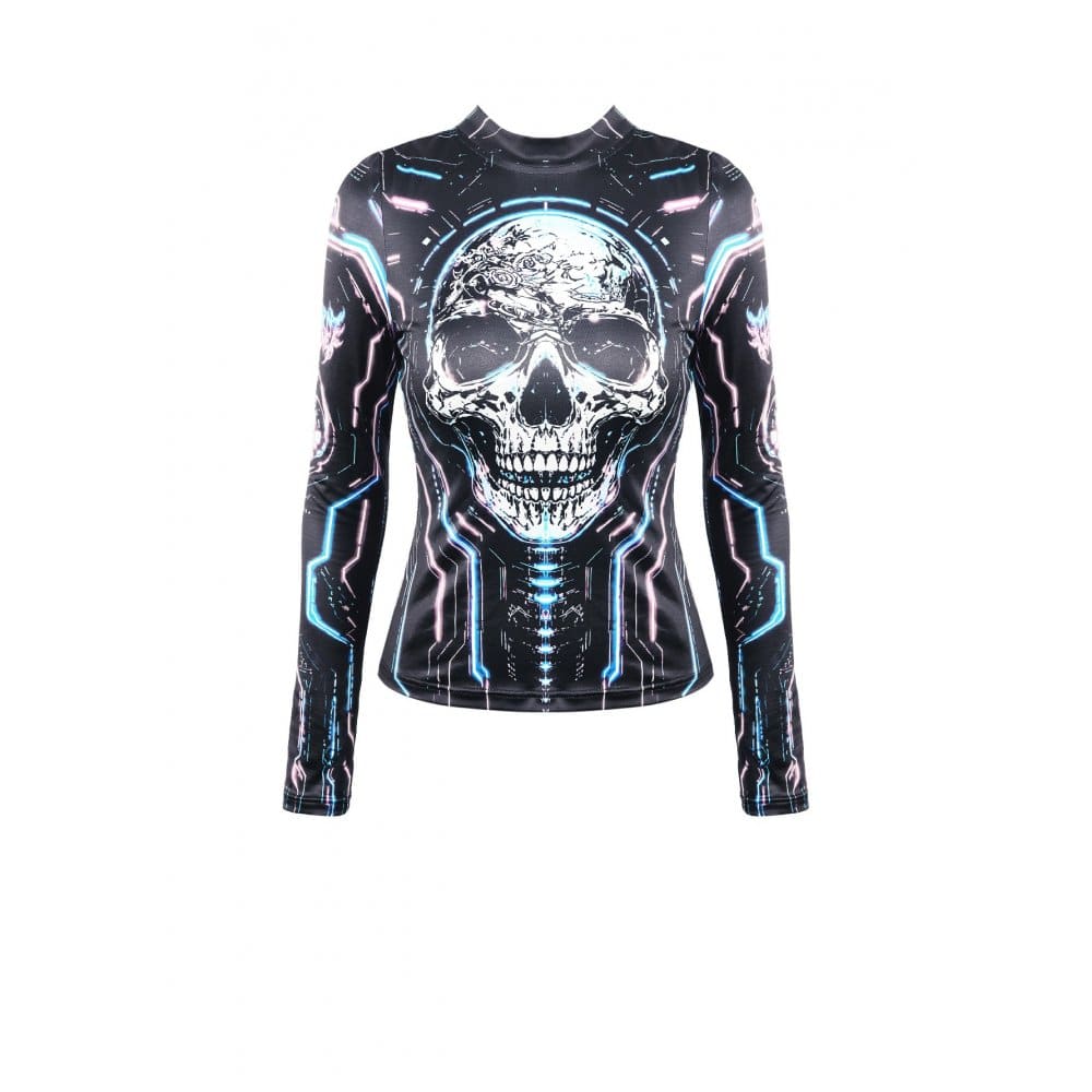 Darkinlove Women's Cyberpunk Neon Circuit Skull Print Mock Neck Long Sleeve Top