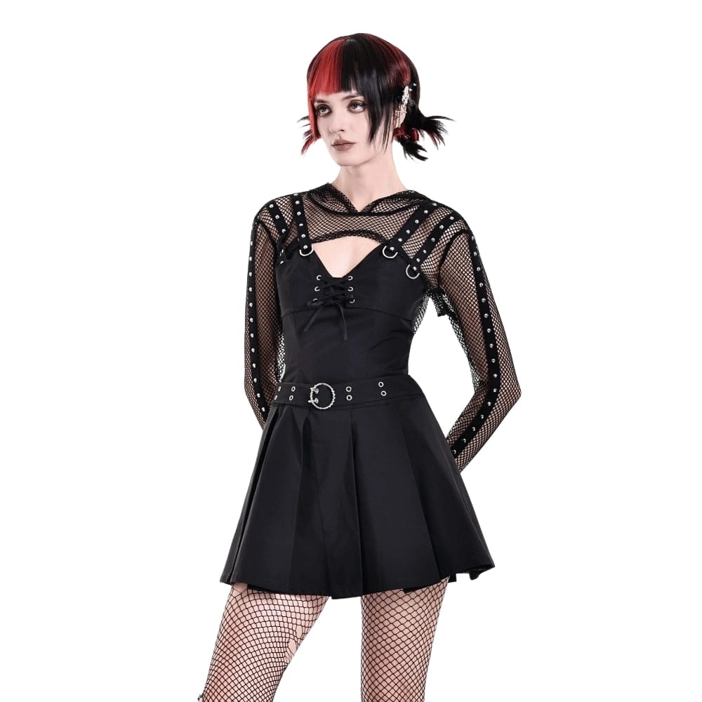 Darkinlove Women's Cyberpunk Studded Hooded Mesh Cape