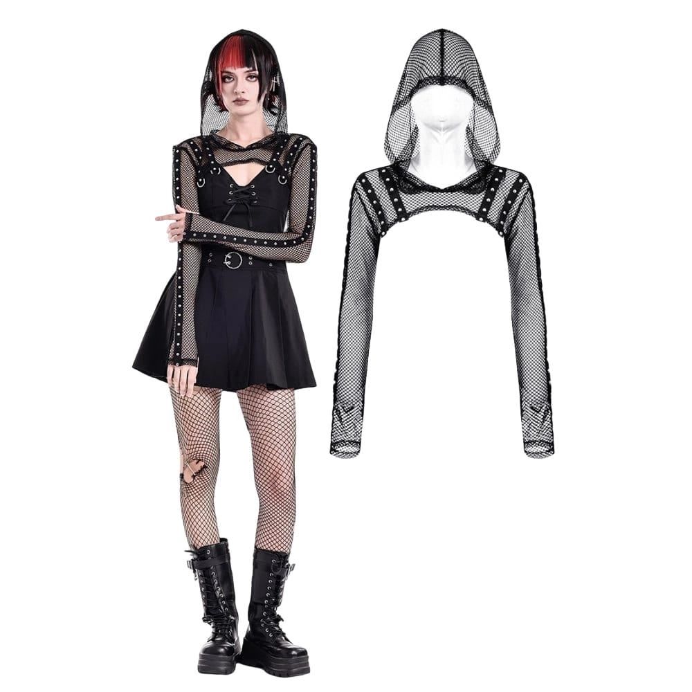 Darkinlove Women's Cyberpunk Studded Hooded Mesh Cape