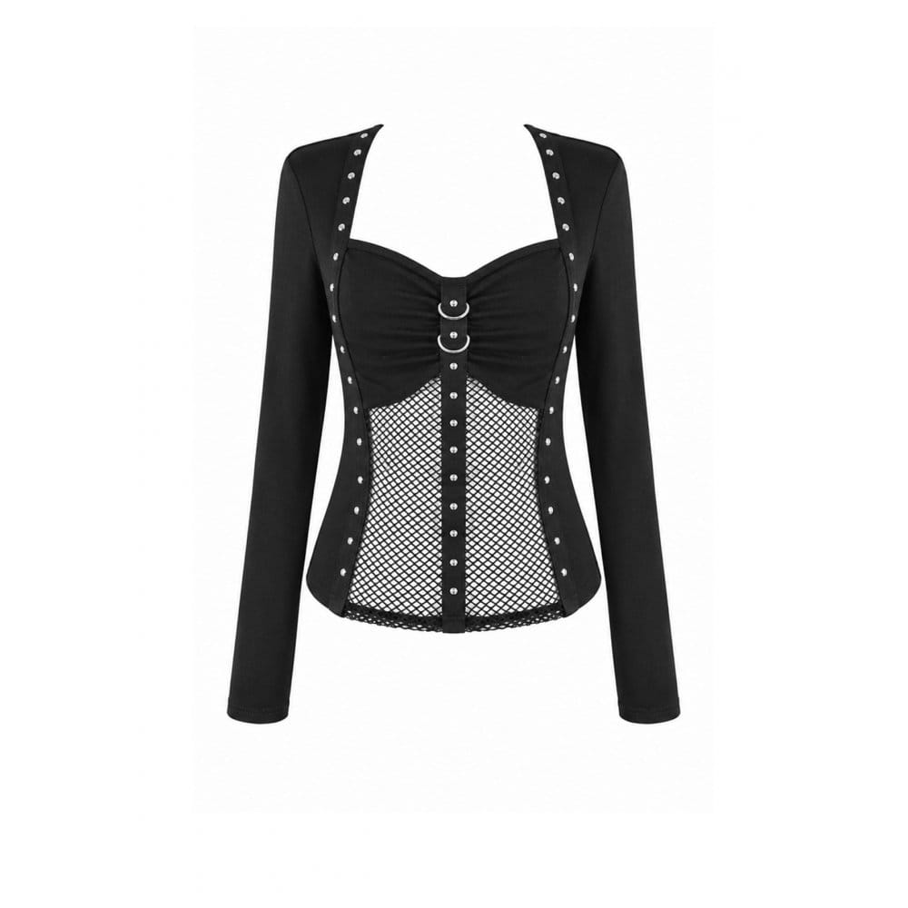 Darkinlove Women's Cyberpunk Studded Mesh Patchwork Square-cut Collar Long Sleeve Top