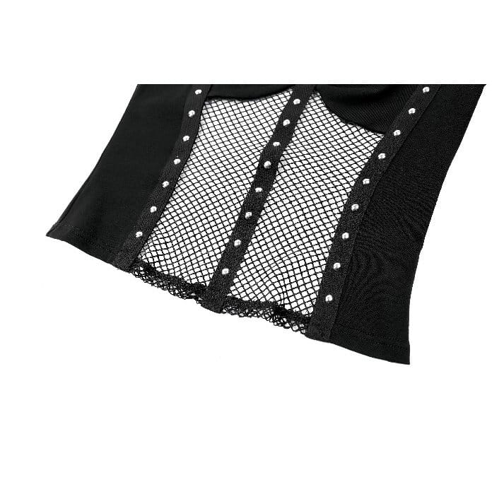 Darkinlove Women's Cyberpunk Studded Mesh Patchwork Square-cut Collar Long Sleeve Top