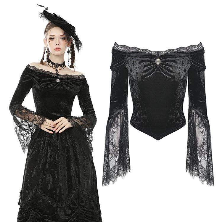 Darkinlove Women's Goth Off Shoulder Floral Lace Sleeve Velet Tops
