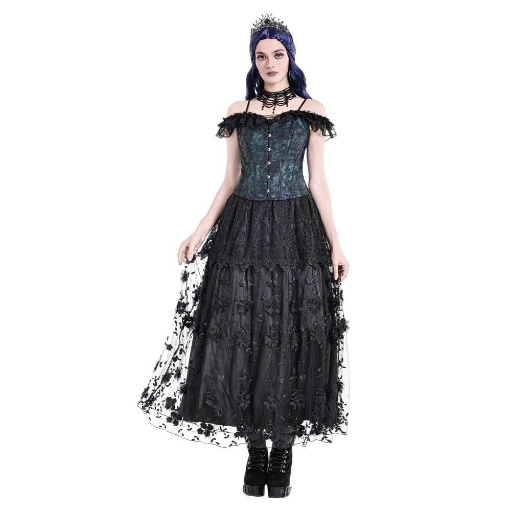 Darkinlove Women's Gothic 3D Floral Applique Vine Embroidered Tiered Maxi Skirt