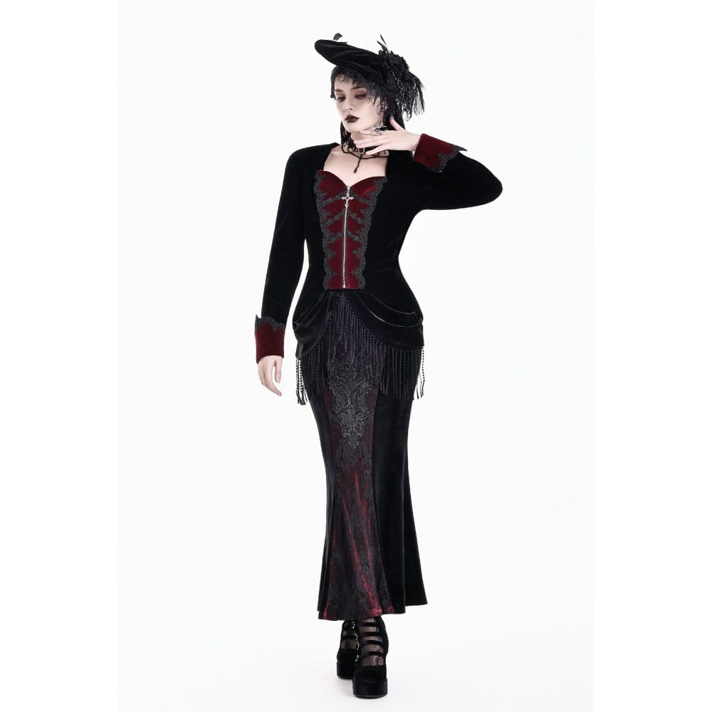 Darkinlove Women's Gothic Applique Two‑Tone Zipper Velvet Tailcoat Jacket
