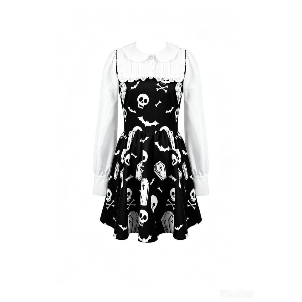 Darkinlove Women's Gothic Bat Coffin Skull Print Peter Pan Collar Bishop Sleeve Short Dress