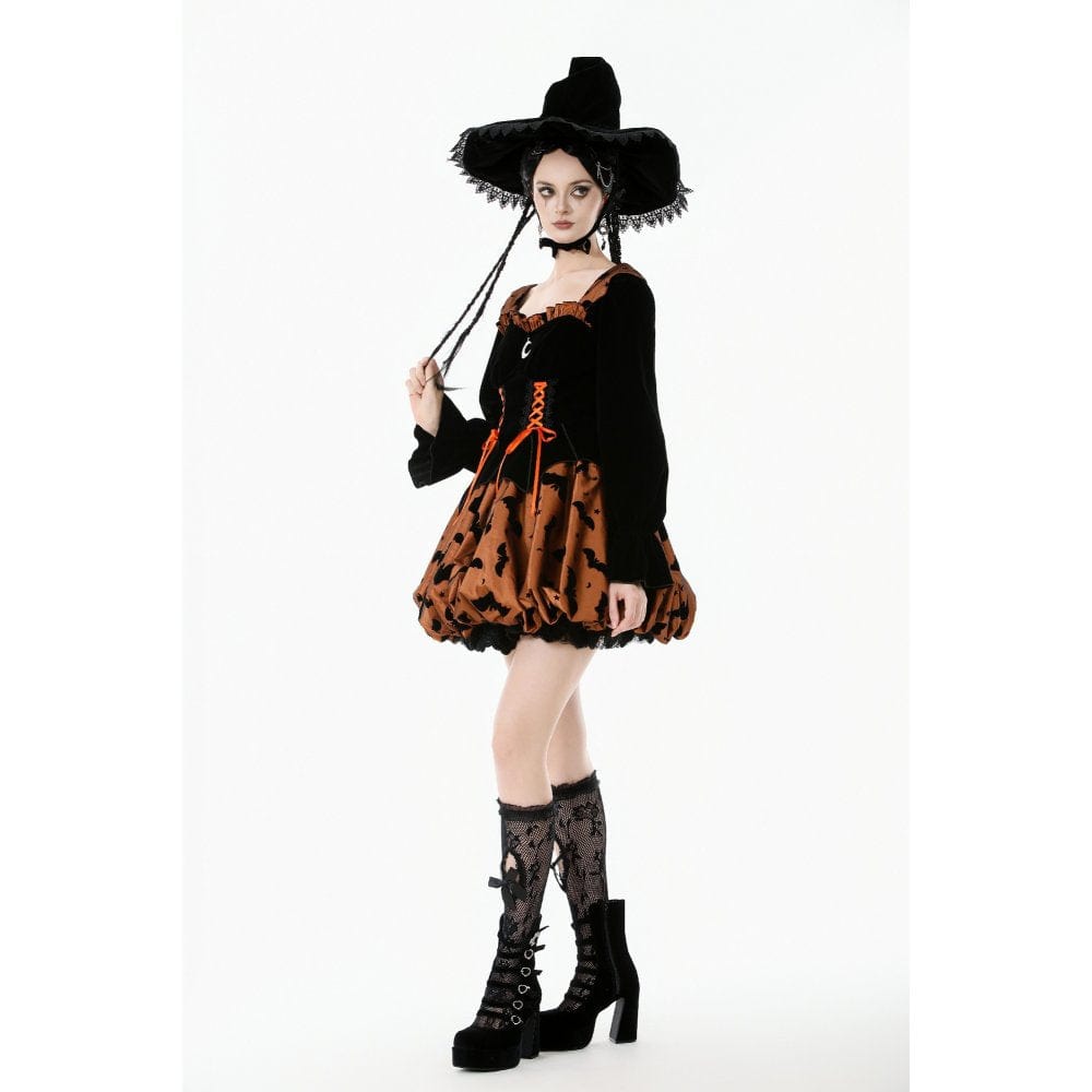 Darkinlove Women's Gothic Bat Printed Lace-up Pumpkin Halloween Dress