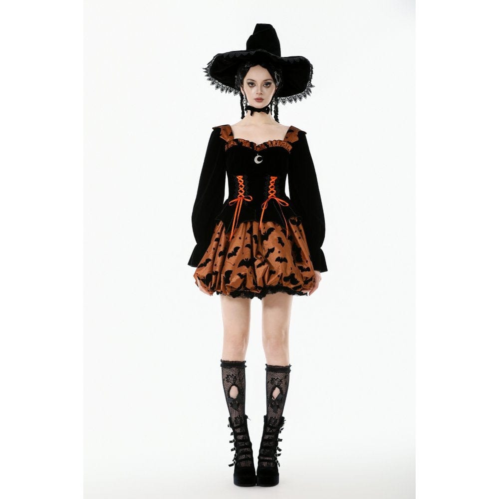 Darkinlove Women's Gothic Bat Printed Lace-up Pumpkin Halloween Dress