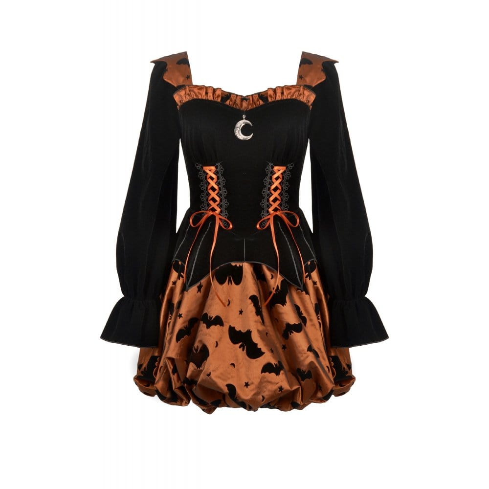 Darkinlove Women's Gothic Bat Printed Lace-up Pumpkin Halloween Dress