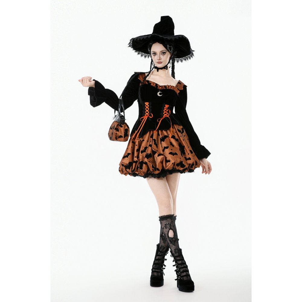 Darkinlove Women's Gothic Bat Printed Lace-up Pumpkin Halloween Dress