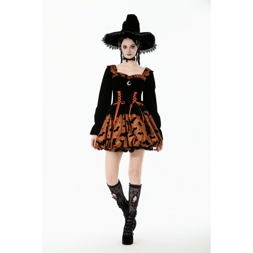 Darkinlove Women's Gothic Bat Printed Lace-up Pumpkin Halloween Dress