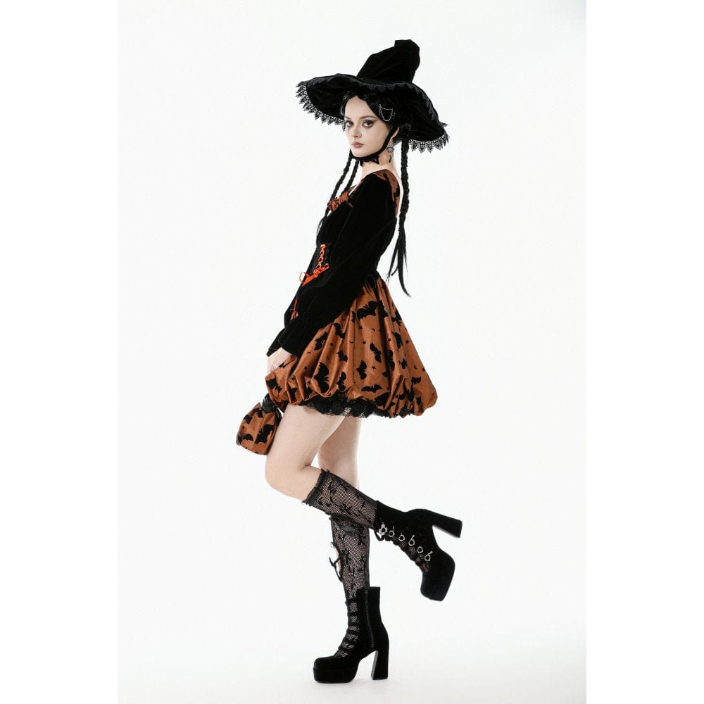 Darkinlove Women's Gothic Bat Printed Lace-up Pumpkin Halloween Dress
