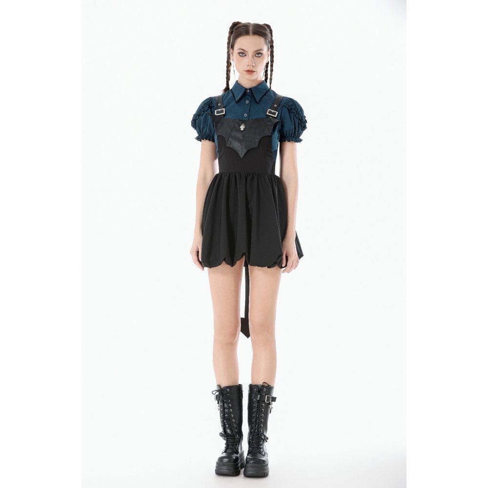 Darkinlove Women's Gothic Bat Wing Buckle Suspender Dress with Tail