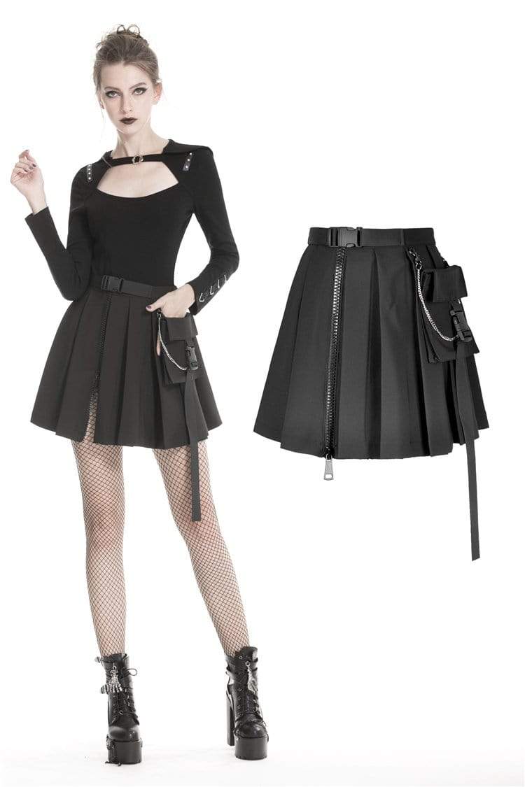 Darkinlove Women's Gothic Black Pleated Mini Skirt With Waist Pocket