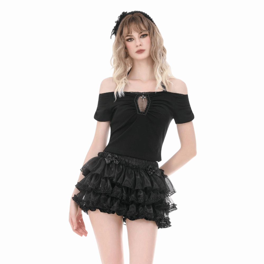 Darkinlove Women's Gothic Bowknot Lace-Trimmed Tiered Shorts