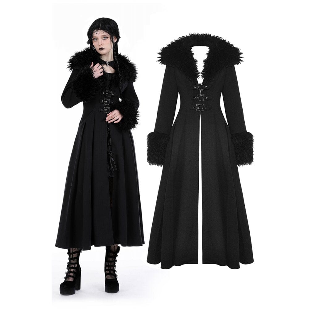 Darkinlove Women's Gothic Buckle Draped Coat with Faux Fur Collar