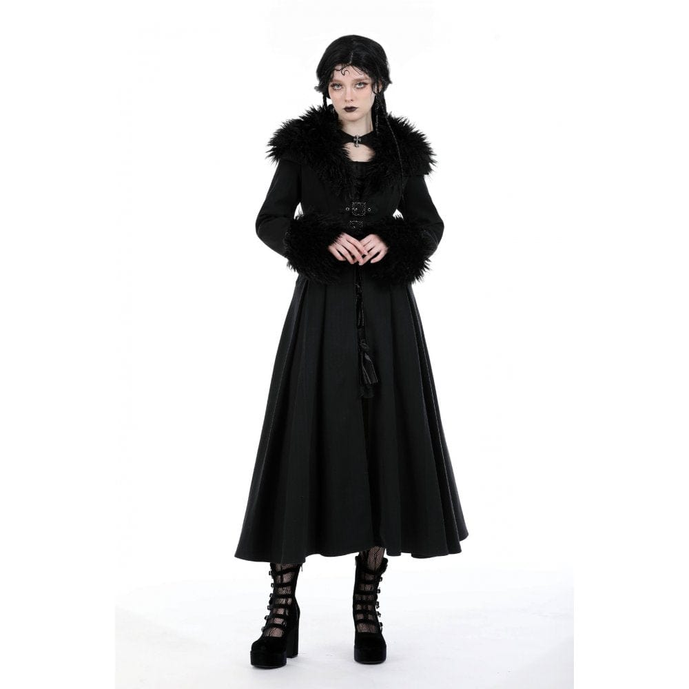 Darkinlove Women's Gothic Buckle Draped Coat with Faux Fur Collar