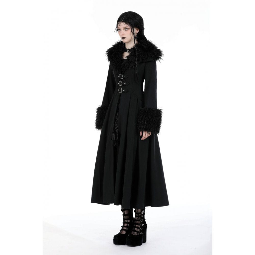 Darkinlove Women's Gothic Buckle Draped Coat with Faux Fur Collar