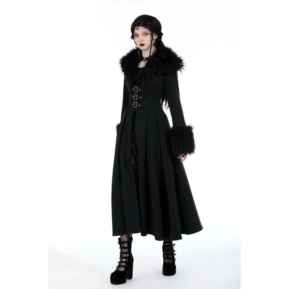 Darkinlove Women's Gothic Buckle Draped Coat with Faux Fur Collar