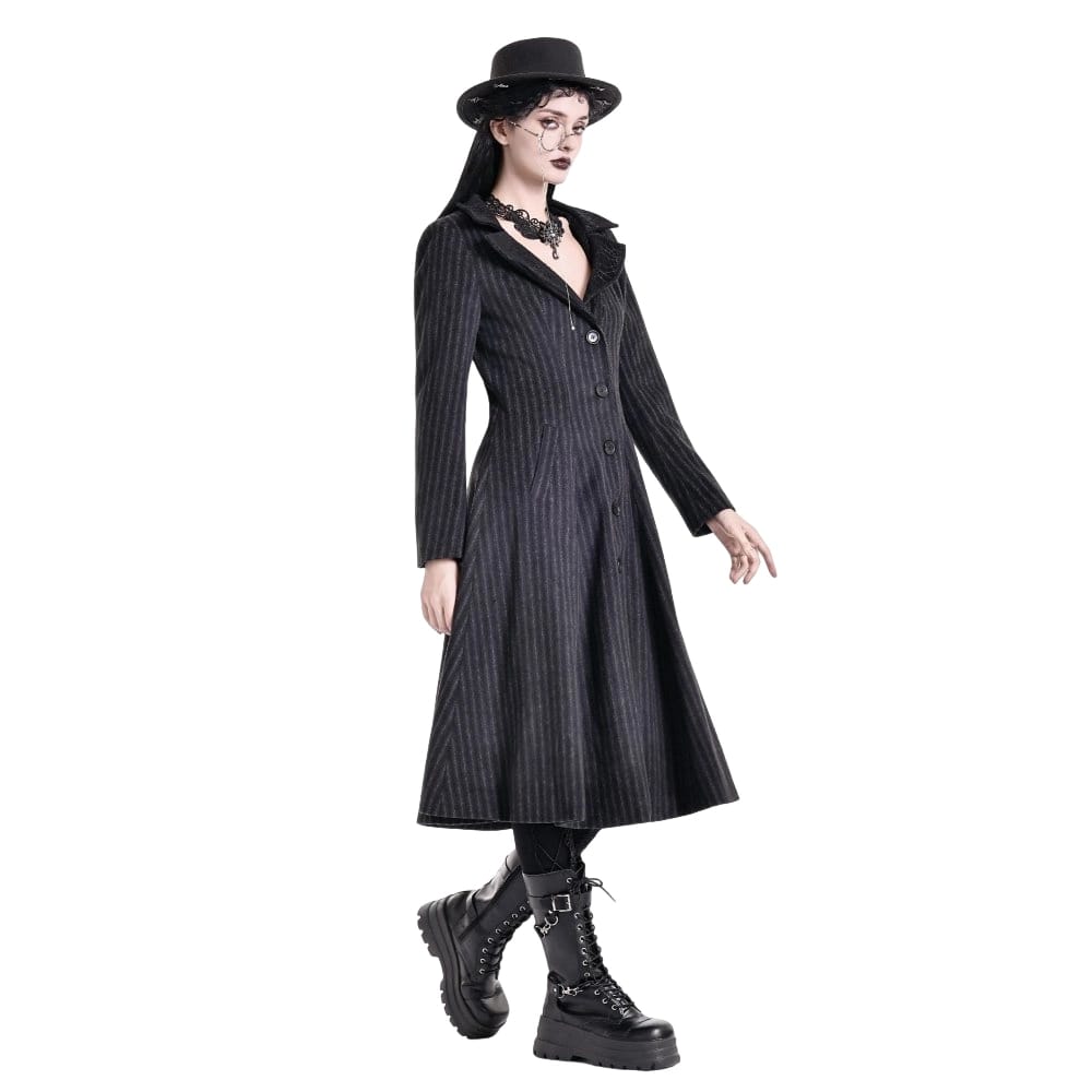 Darkinlove Women's Gothic Cobweb Lapel Pinstripe Single-breasted Long Coat