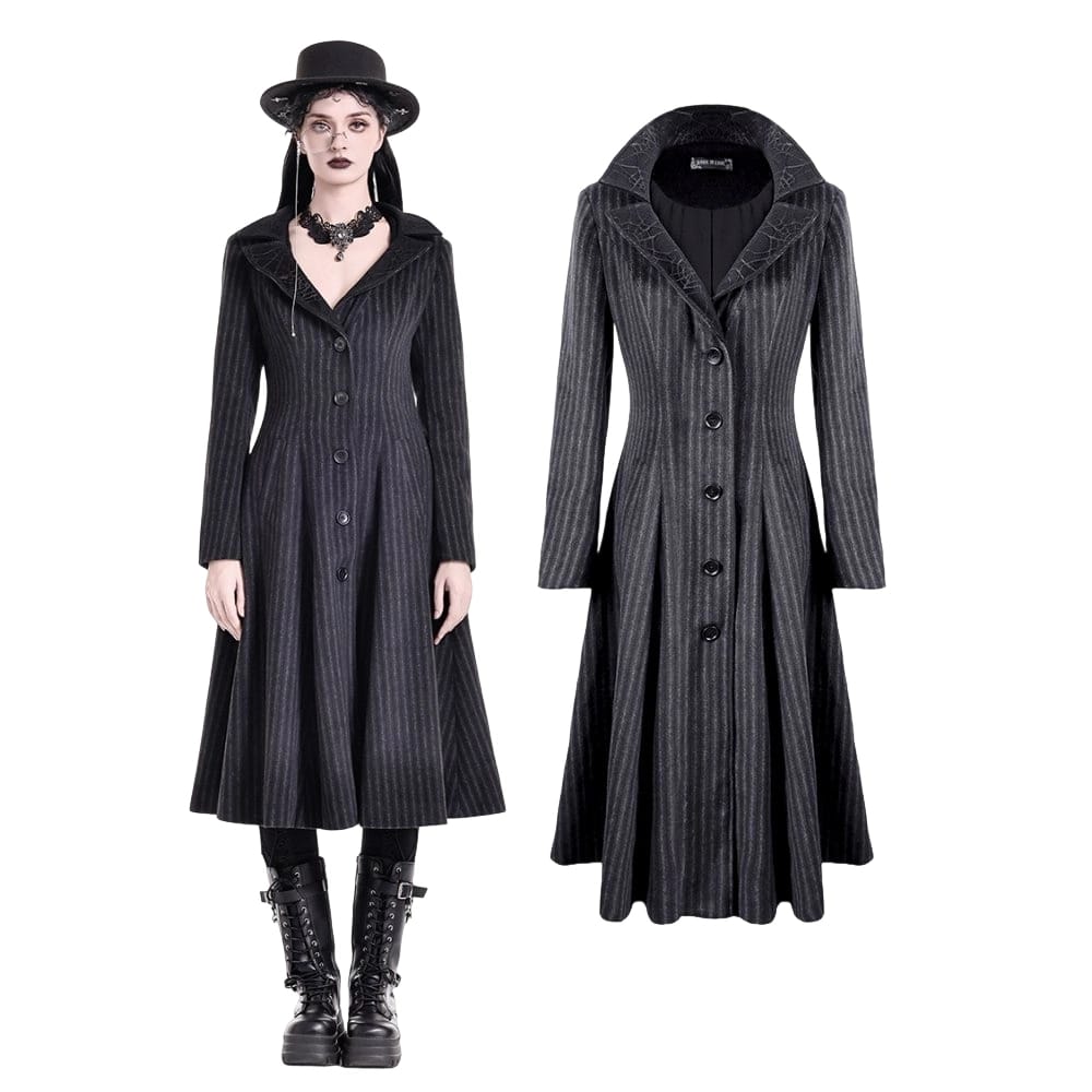 Darkinlove Women's Gothic Cobweb Lapel Pinstripe Single-breasted Long Coat
