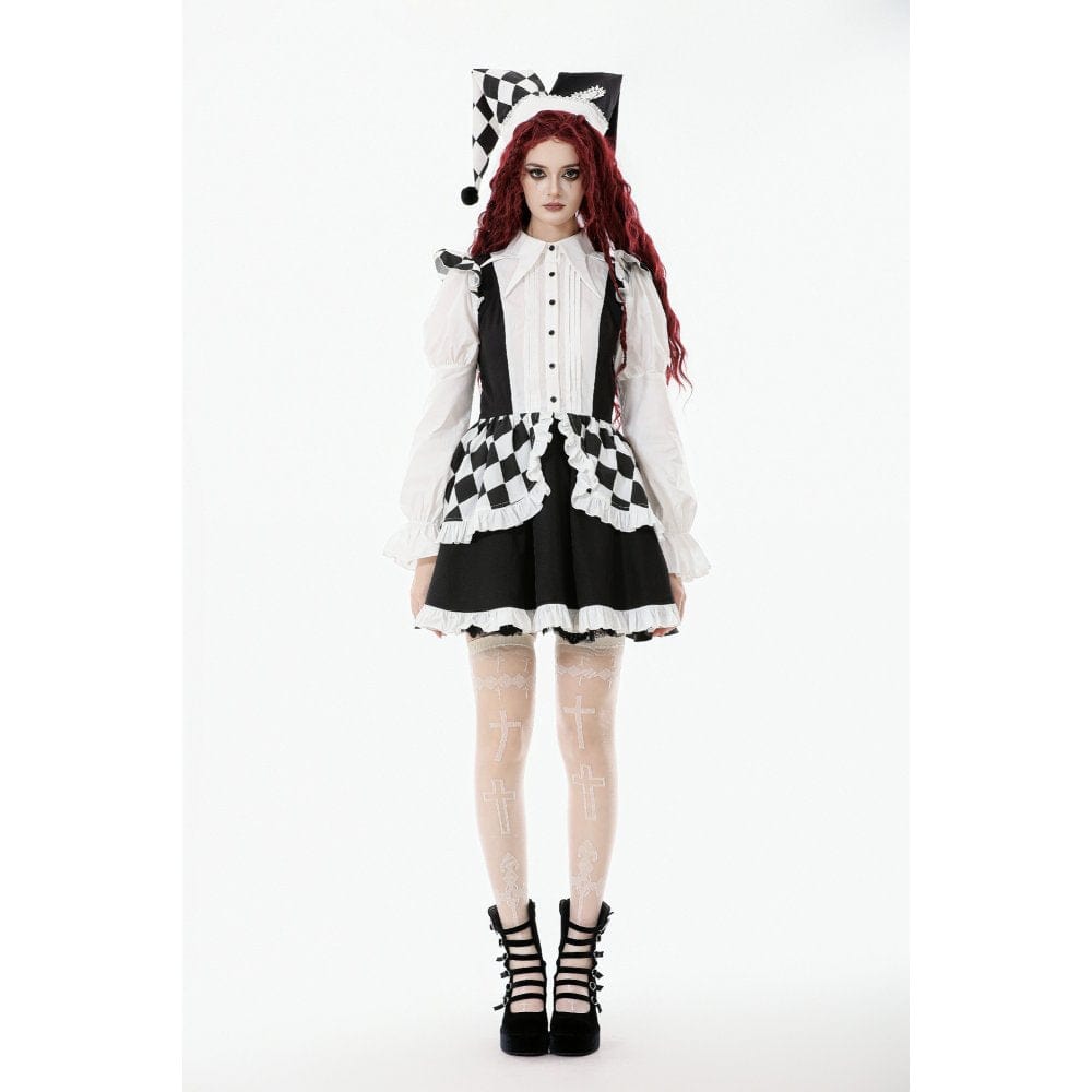 Darkinlove Women's Gothic Contrast Color Harlequin Puff Sleeved Dress