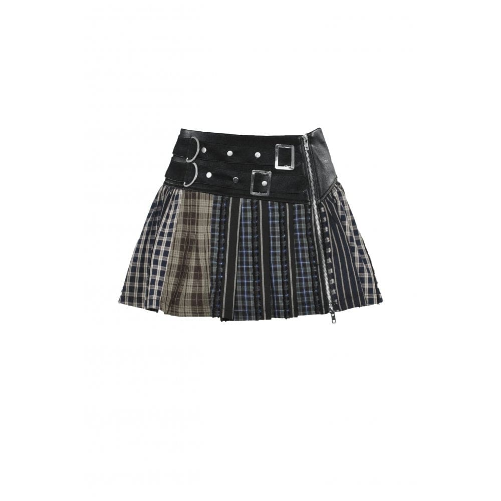 Darkinlove Women's Gothic Contrast Color Plaid Pleated Skirt