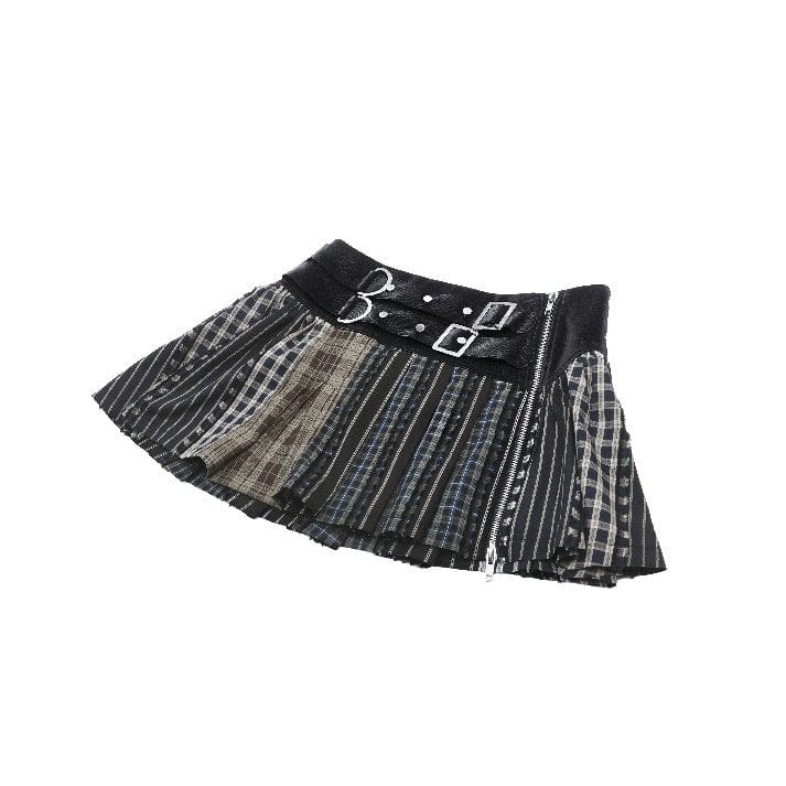 Darkinlove Women's Gothic Contrast Color Plaid Pleated Skirt