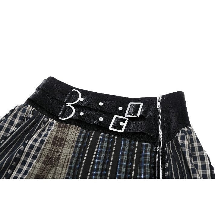 Darkinlove Women's Gothic Contrast Color Plaid Pleated Skirt