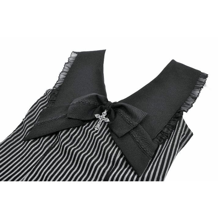 Darkinlove Women's Gothic Cross Bowknot Pinstripe Ruffle-Tier Dress