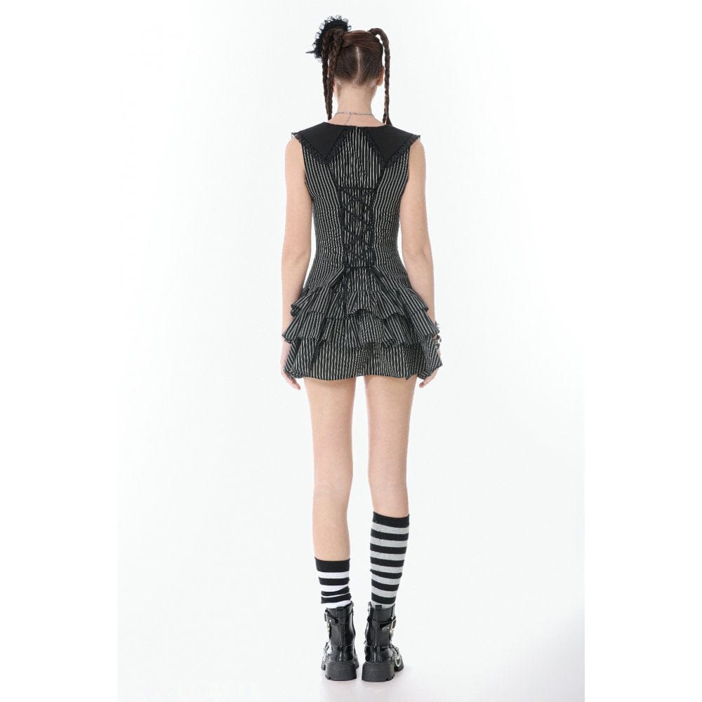 Darkinlove Women's Gothic Cross Bowknot Pinstripe Ruffle-Tier Dress