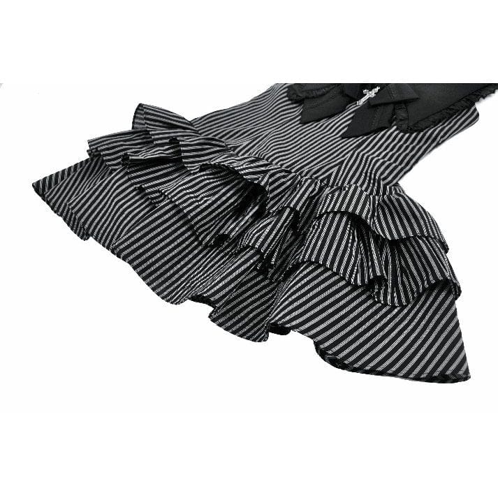 Darkinlove Women's Gothic Cross Bowknot Pinstripe Ruffle-Tier Dress