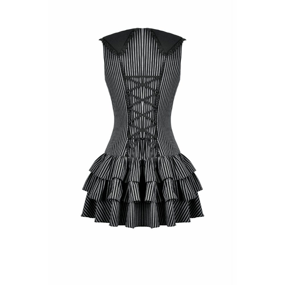Darkinlove Women's Gothic Cross Bowknot Pinstripe Ruffle-Tier Dress
