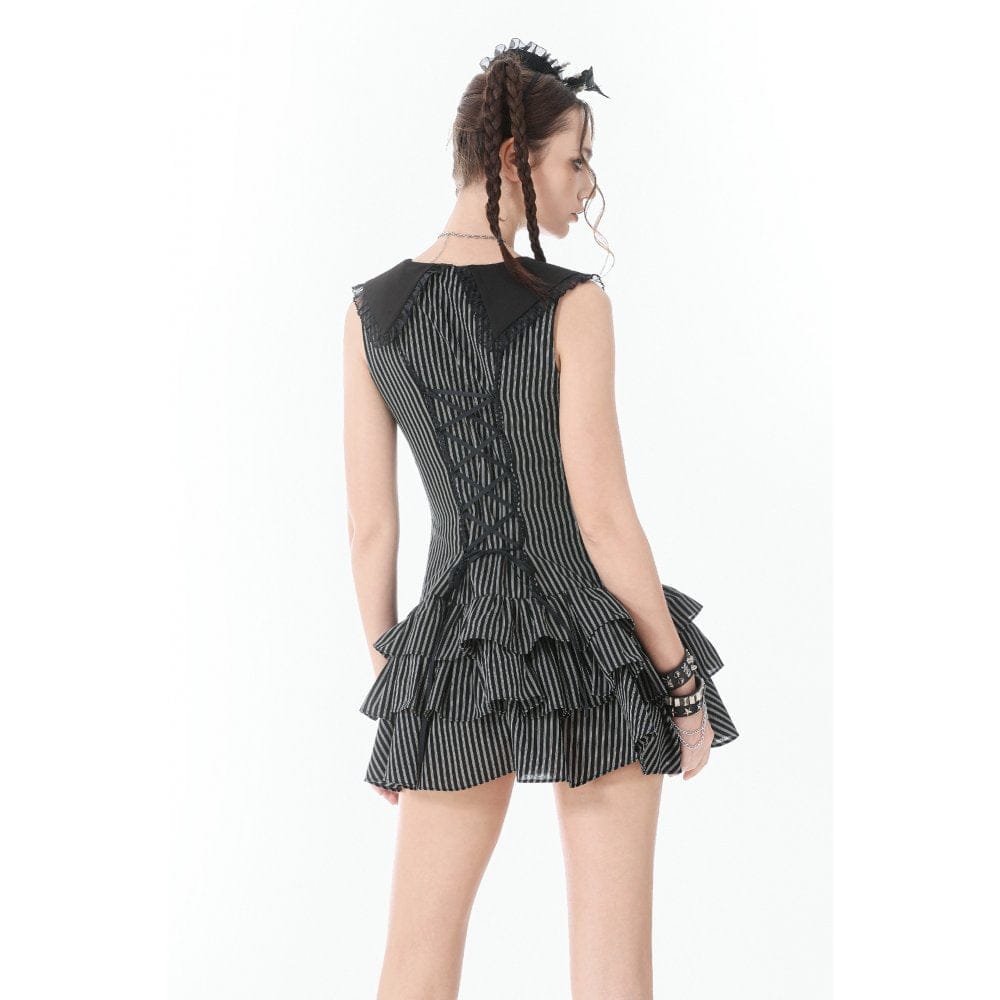 Darkinlove Women's Gothic Cross Bowknot Pinstripe Ruffle-Tier Dress