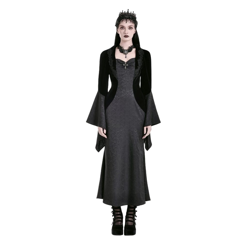 Darkinlove Women's Gothic Cross Decor Velvet Splice Jacquard Long Sleeved Dress