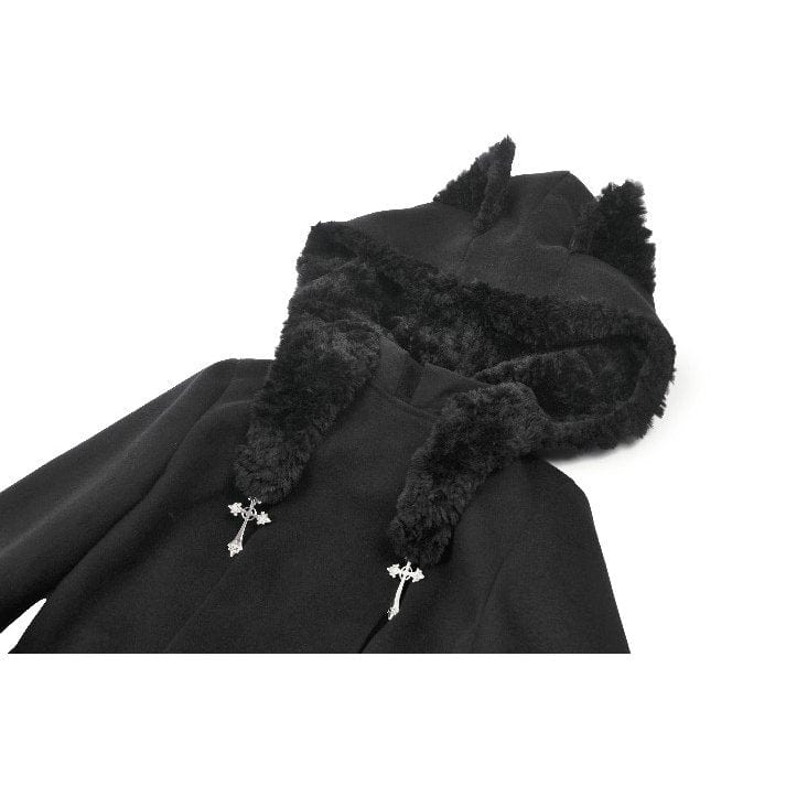 Darkinlove Women's Gothic Cross Plush Cat Ear Hooded Coat