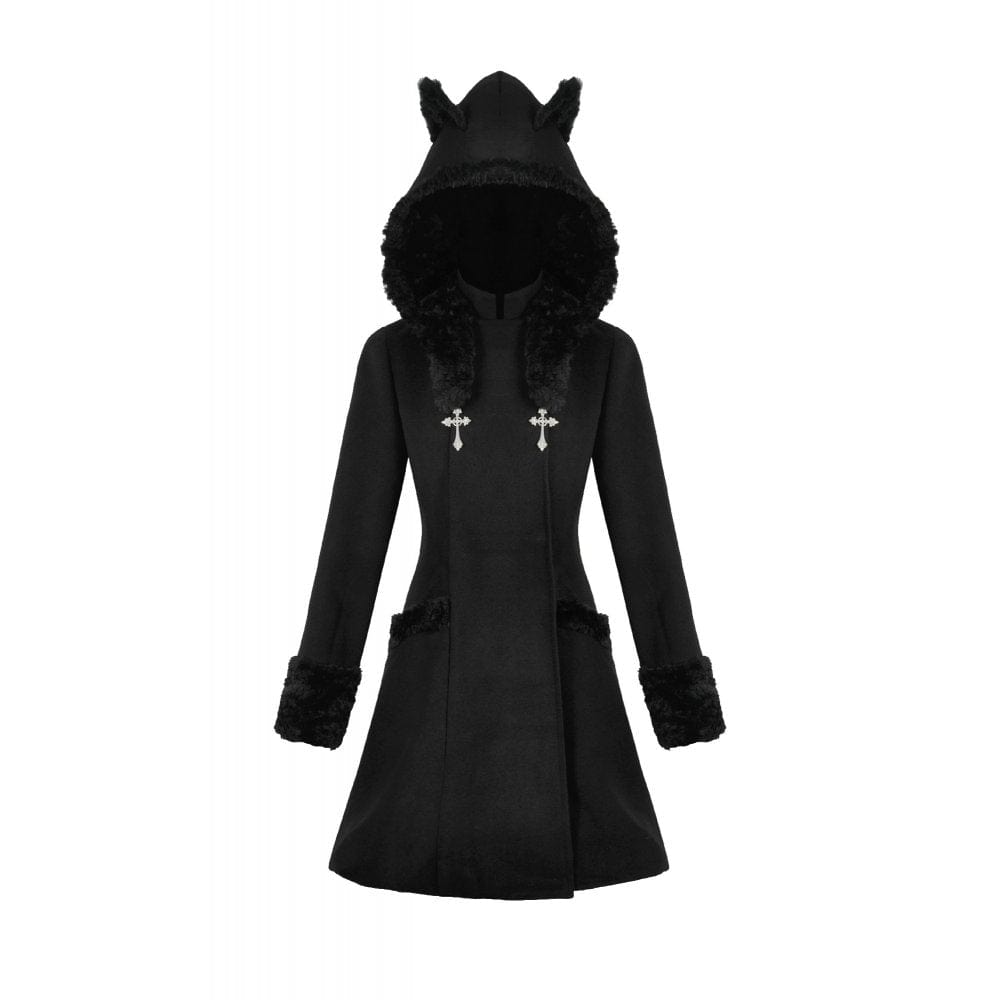 Darkinlove Women's Gothic Cross Plush Cat Ear Hooded Coat