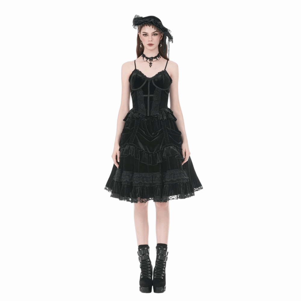 Darkinlove Women's Gothic Cross Trimmed Ruffled Velvet Top