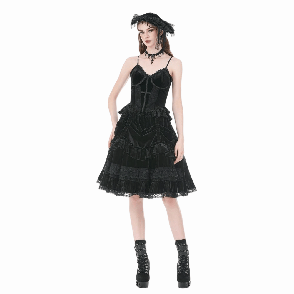 Darkinlove Women's Gothic Cross Trimmed Ruffled Velvet Top