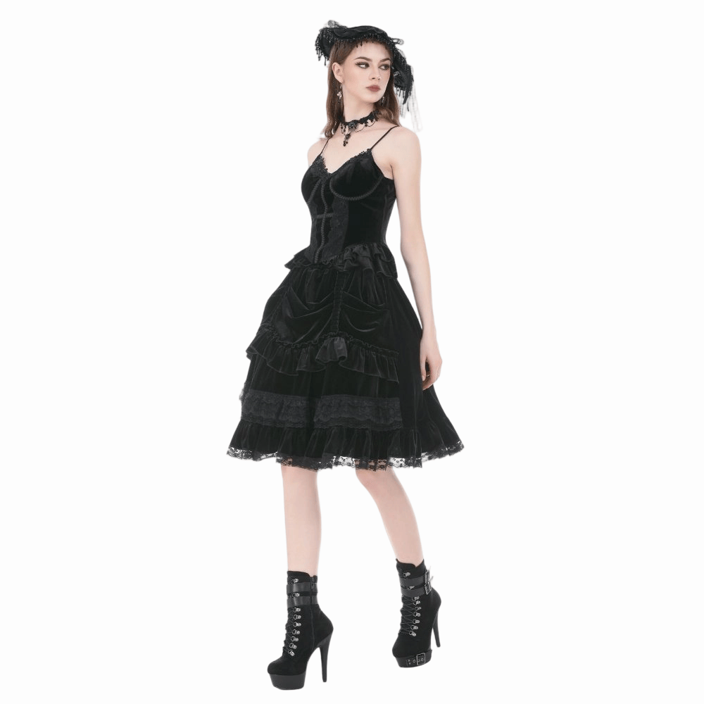 Darkinlove Women's Gothic Cross Trimmed Ruffled Velvet Top
