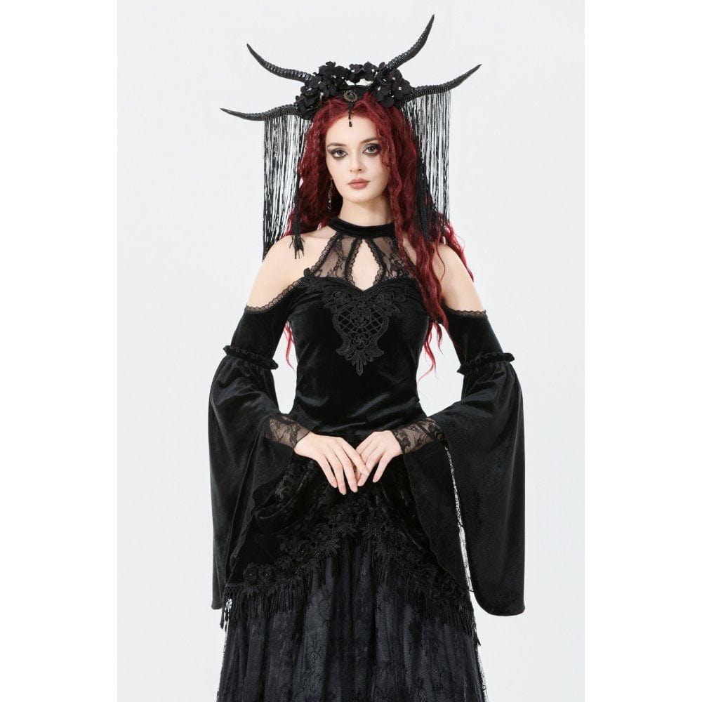 Darkinlove Women's Gothic Cutout Halterneck Velvet Flared Sleeved Shirt