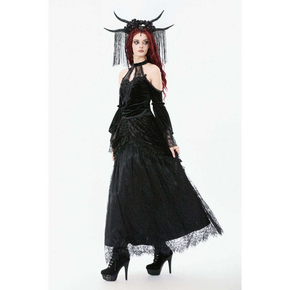 Darkinlove Women's Gothic Cutout Halterneck Velvet Flared Sleeved Shirt
