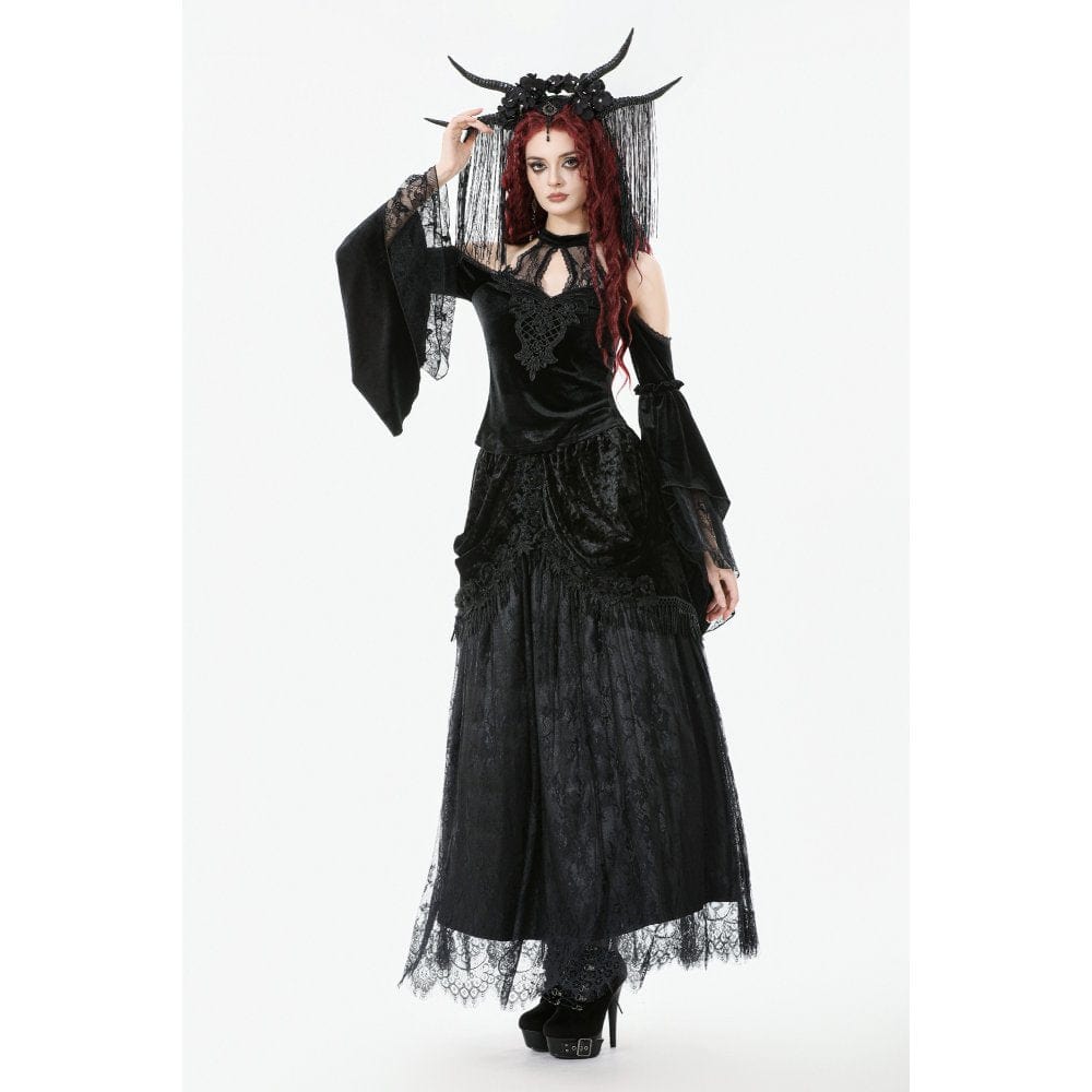 Darkinlove Women's Gothic Cutout Halterneck Velvet Flared Sleeved Shirt