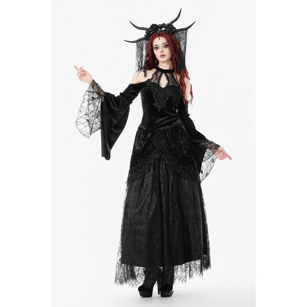 Darkinlove Women's Gothic Cutout Halterneck Velvet Flared Sleeved Shirt