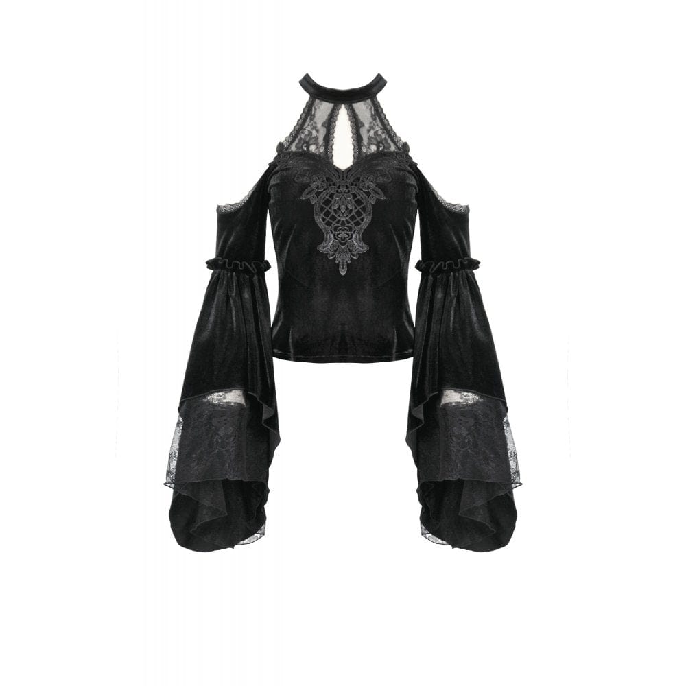 Darkinlove Women's Gothic Cutout Halterneck Velvet Flared Sleeved Shirt
