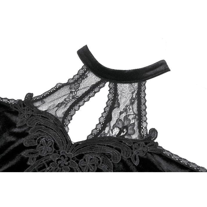 Darkinlove Women's Gothic Cutout Halterneck Velvet Flared Sleeved Shirt