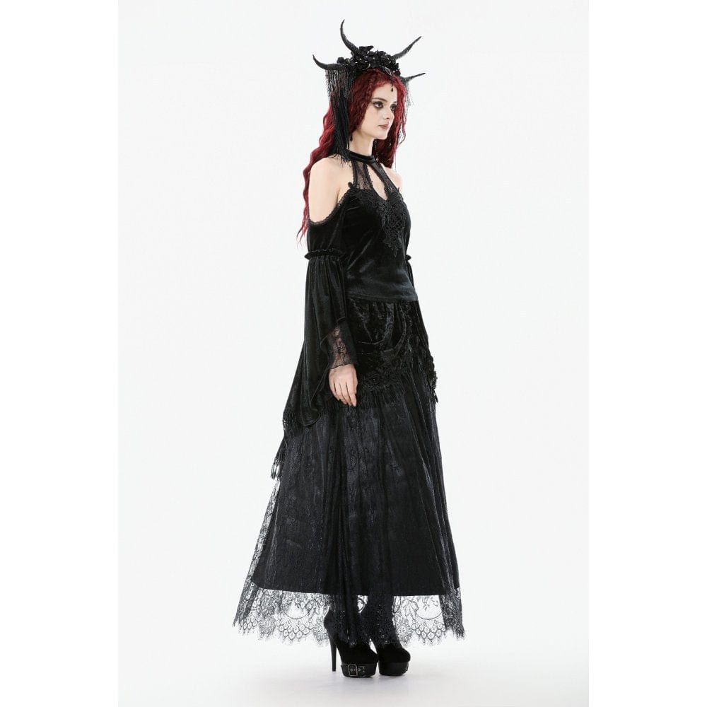 Darkinlove Women's Gothic Cutout Halterneck Velvet Flared Sleeved Shirt