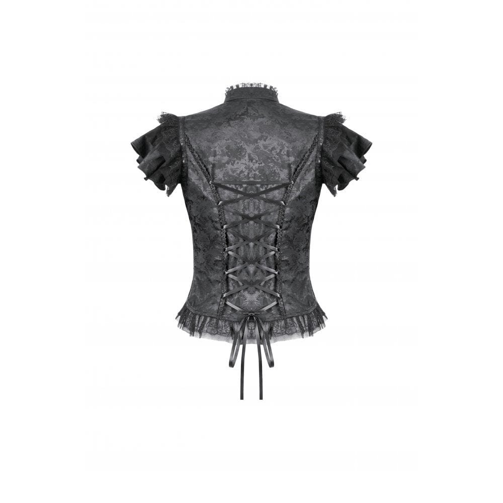 Darkinlove Women's Gothic Cutout Lace Ruffles Jacquard Short Sleeved Shirt